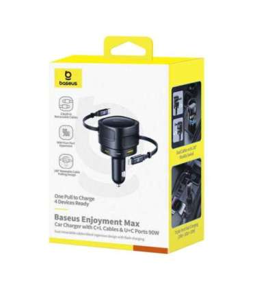 Baseus Enjoyment Max car charger with USB-C+Lightning cables and USB-A+USB-C ports 90W Black