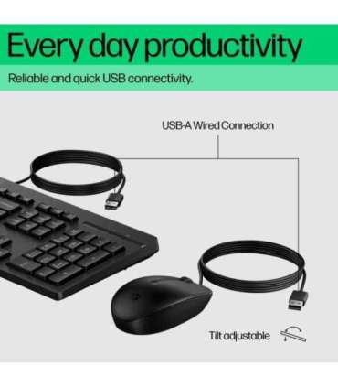 HP 225 G2 USB Wired Mouse Keyboard Combo, Copilot Key - Black - US ENG