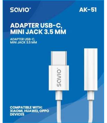 USB Type 3.1 C (M) – Jack 3.5mm (F) Audio adapter White SAVIO AK-51