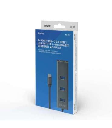 Savio AK-57 USB-C - 3 x USB-A HUB with RJ-45 Gigabit Ethernet adapter, 5000 Mbit/s, grey