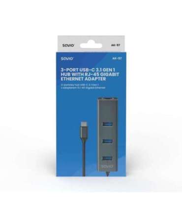 Savio AK-57 USB-C - 3 x USB-A HUB with RJ-45 Gigabit Ethernet adapter, 5000 Mbit/s, grey