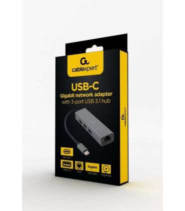 Gembird A-CMU3-LAN-01 USB-C Gigabit network adapter with 3-port USB 3.1 hub