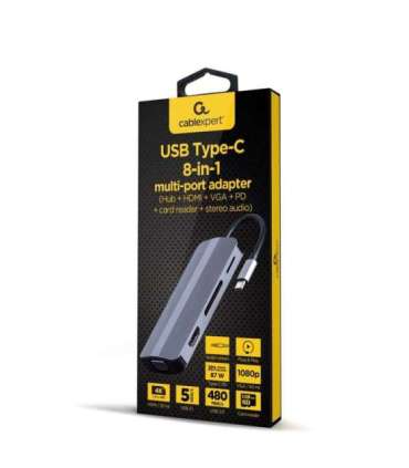 Gembird A-CM-COMBO8-02 notebook dock/port replicator USB Type-C Silver