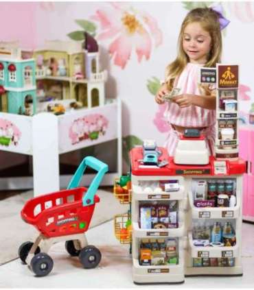 WOOPIE supermarket koos ostukäruga, kaaluga, kassaga, skänneriga + 48 tarvikuga