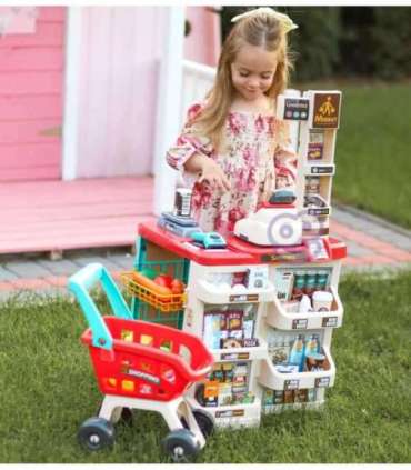 WOOPIE supermarket koos ostukäruga, kaaluga, kassaga, skänneriga + 48 tarvikuga