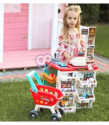WOOPIE supermarket koos ostukäruga, kaaluga, kassaga, skänneriga + 48 tarvikuga