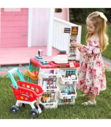 WOOPIE supermarket koos ostukäruga, kaaluga, kassaga, skänneriga + 48 tarvikuga