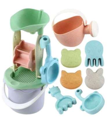 WOOPIE GREEN набор для песка в ведёрке с вращающимся колесом, 9 шт. Биодеградируемый органический материал