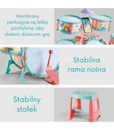 WOOPIE Perkusja Edukacyjna dla Dzieci 5 Bębnów 1 Talerz + Taboret z Motywem Zwierzątek