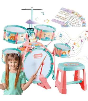 WOOPIE Perkusja Edukacyjna dla Dzieci 5 Bębnów 1 Talerz + Taboret z Motywem Zwierzątek