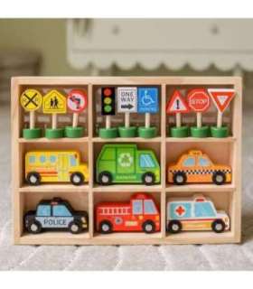 WOOPIE GREEN Puidust sõidukite ja liiklusmärkide komplekt, 15 osa