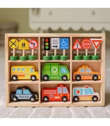 WOOPIE GREEN Puidust sõidukite ja liiklusmärkide komplekt, 15 osa