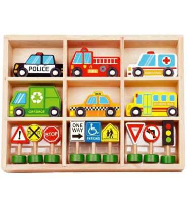 WOOPIE GREEN Puidust sõidukite ja liiklusmärkide komplekt, 15 osa