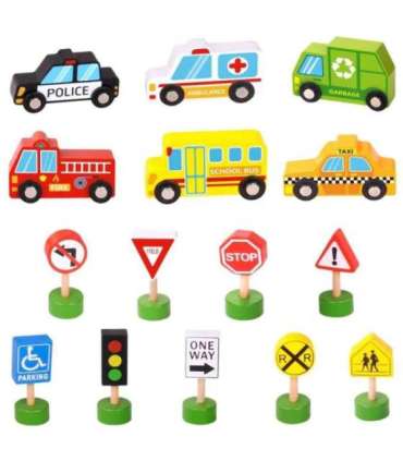 WOOPIE GREEN Puidust sõidukite ja liiklusmärkide komplekt, 15 osa