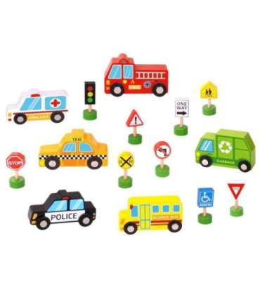 WOOPIE GREEN Puidust sõidukite ja liiklusmärkide komplekt, 15 osa