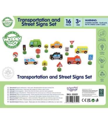 WOOPIE GREEN Puidust sõidukite ja liiklusmärkide komplekt, 15 osa