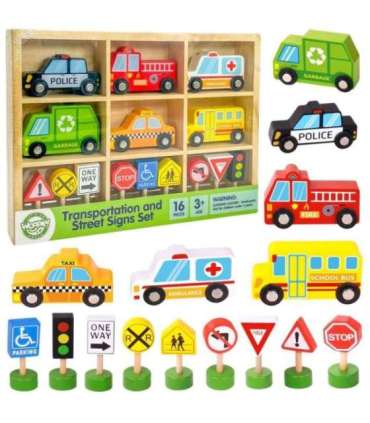 WOOPIE GREEN Puidust sõidukite ja liiklusmärkide komplekt, 15 osa