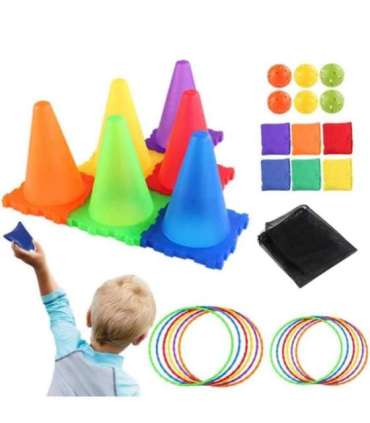 WOOPIE aiamängukomplekt 3-ühes: sihtviske mäng, koonused, rõngad, kotikesed — 30 tk.