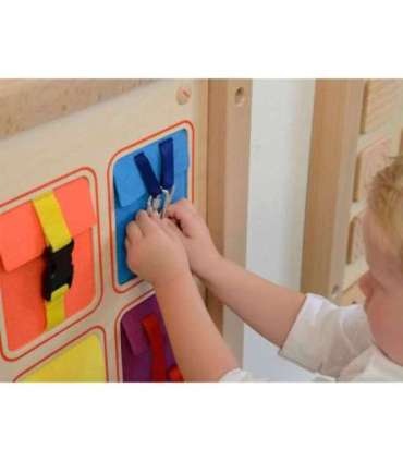 MASTERKIDZ Drewniana Tablica Manipulacyjna Ścienna Flex Kolorowe Kieszonki Klamry i Rzepy