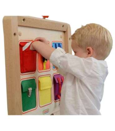 MASTERKIDZ Drewniana Tablica Manipulacyjna Ścienna Flex Kolorowe Kieszonki Klamry i Rzepy