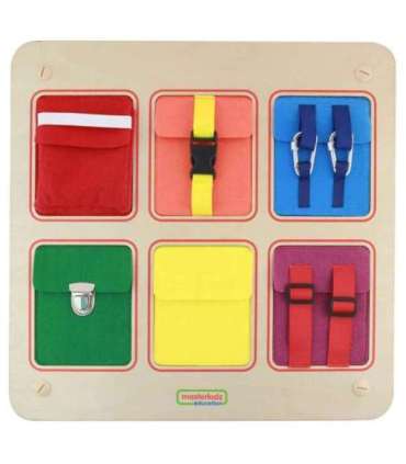 MASTERKIDZ Drewniana Tablica Manipulacyjna Ścienna Flex Kolorowe Kieszonki Klamry i Rzepy