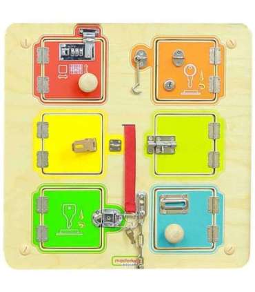 MASTERKIDZ seinale paigaldatav tegevuslaud lukkude avamise ja sulgemise õppimiseks