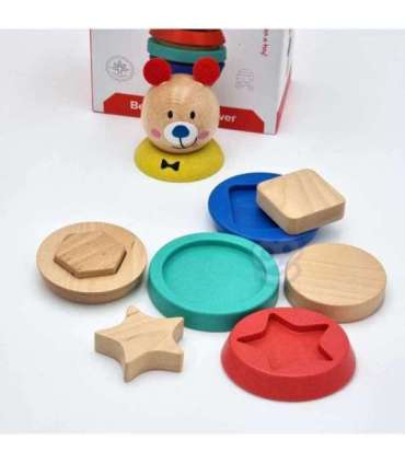 TOOKY TOY Деревянная пирамидка с фигурками (мишка), 11 деталей.