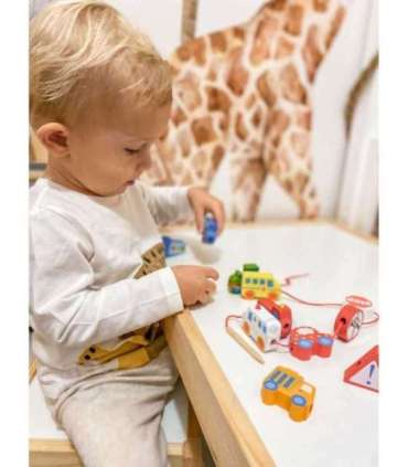 WOOPIE GREEN Puidust nöörimiseks mõeldud klotsid — sõidukid (autod), 13 tk