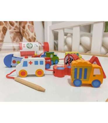 WOOPIE GREEN Puidust nöörimiseks mõeldud klotsid — sõidukid (autod), 13 tk