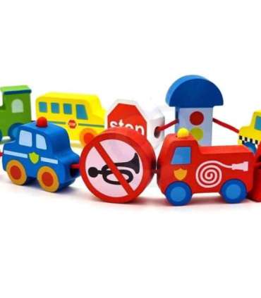 WOOPIE GREEN Puidust nöörimiseks mõeldud klotsid — sõidukid (autod), 13 tk