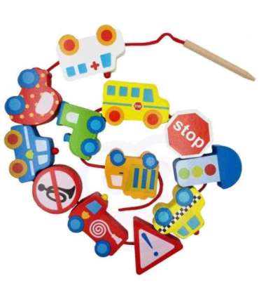 WOOPIE GREEN Puidust nöörimiseks mõeldud klotsid — sõidukid (autod), 13 tk