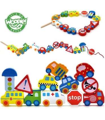 WOOPIE GREEN Puidust nöörimiseks mõeldud klotsid — sõidukid (autod), 13 tk