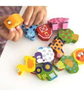 WOOPIE GREEN деревянные блоки для нанизывания — Ферма (животные), 13 шт.