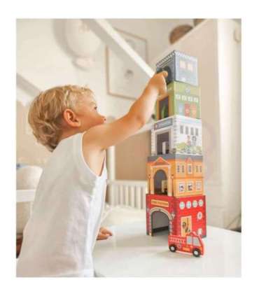 WOOPIE GREEN kuubikute pusle — linn, sõidukid karpides + figuurid, 10 osa