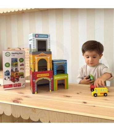 WOOPIE GREEN kuubikute pusle — linn, sõidukid karpides + figuurid, 10 osa