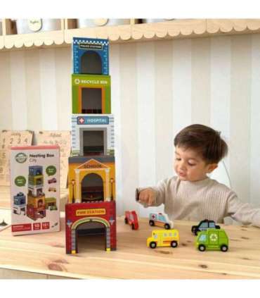 WOOPIE GREEN kuubikute pusle — linn, sõidukid karpides + figuurid, 10 osa