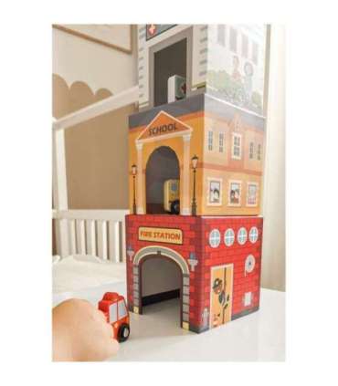 WOOPIE GREEN kuubikute pusle — linn, sõidukid karpides + figuurid, 10 osa