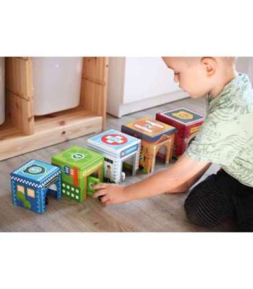 WOOPIE GREEN kuubikute pusle — linn, sõidukid karpides + figuurid, 10 osa