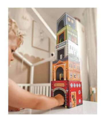 WOOPIE GREEN kuubikute pusle — linn, sõidukid karpides + figuurid, 10 osa