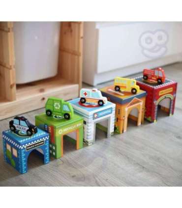 WOOPIE GREEN kuubikute pusle — linn, sõidukid karpides + figuurid, 10 osa