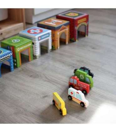 WOOPIE GREEN kuubikute pusle — linn, sõidukid karpides + figuurid, 10 osa