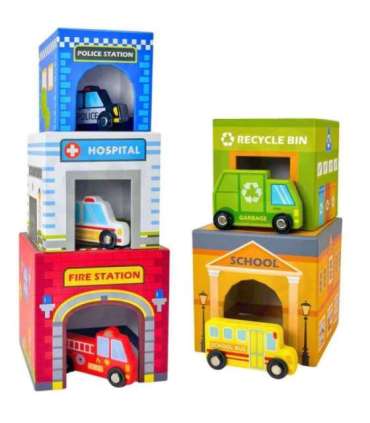 WOOPIE GREEN kuubikute pusle — linn, sõidukid karpides + figuurid, 10 osa