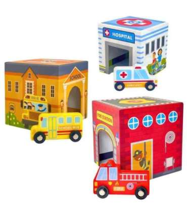 WOOPIE GREEN kuubikute pusle — linn, sõidukid karpides + figuurid, 10 osa