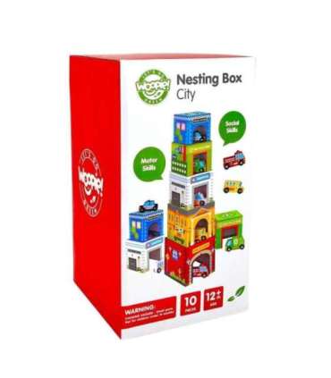 WOOPIE GREEN kuubikute pusle — linn, sõidukid karpides + figuurid, 10 osa