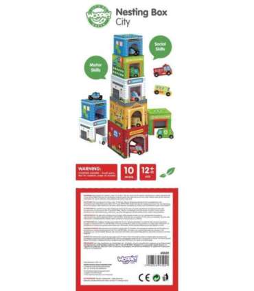 WOOPIE GREEN kuubikute pusle — linn, sõidukid karpides + figuurid, 10 osa