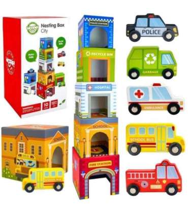 WOOPIE GREEN kuubikute pusle — linn, sõidukid karpides + figuurid, 10 osa