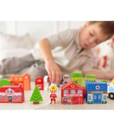 TOOKY TOY puidust linna hoonete ja figuuride komplekt