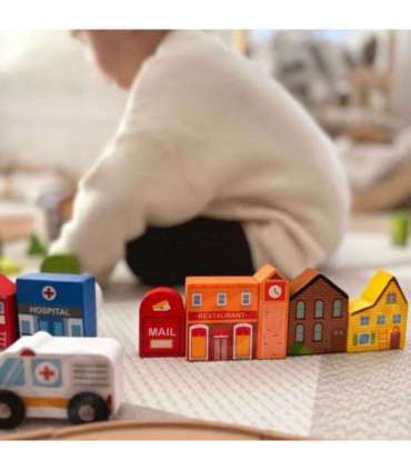 TOOKY TOY puidust linna hoonete ja figuuride komplekt