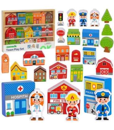 TOOKY TOY puidust linna hoonete ja figuuride komplekt