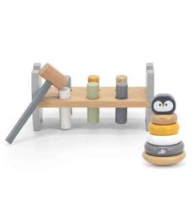 VIGA PolarB puidust püramiidikomplekt + pingviini löömismäng vasaraga (Montessori)